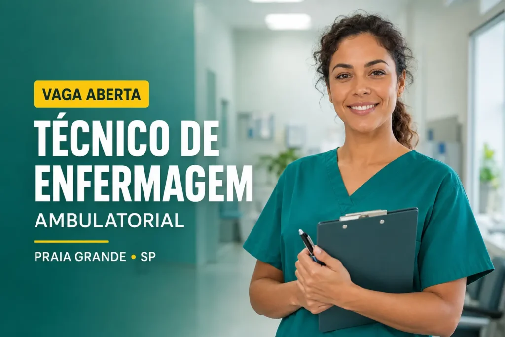 Técnica de enfermagem em ambulatório anunciando vaga em Praia Grande, SP.